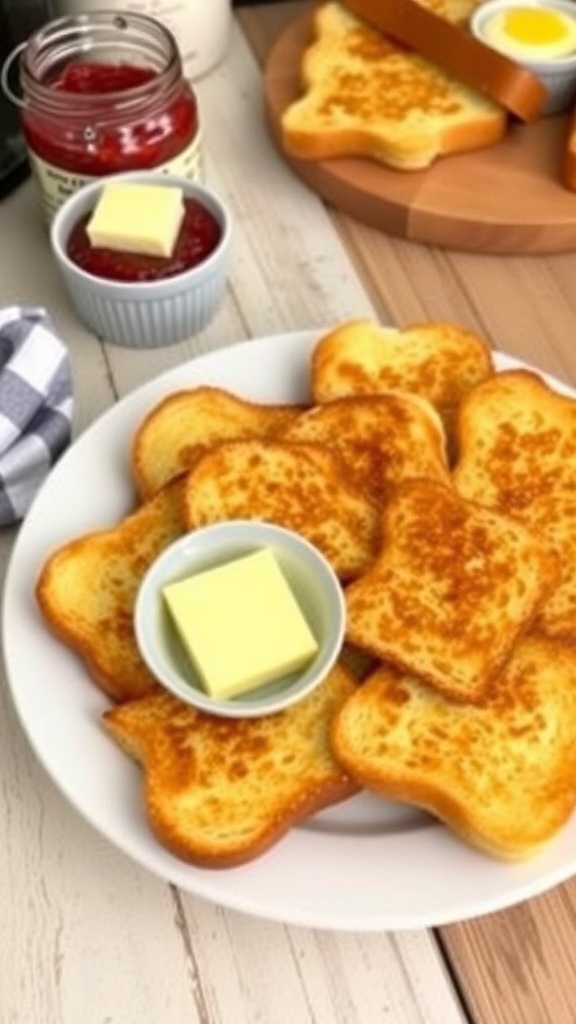 Crispy air fryer toast served with butter and jam on a rustic table.